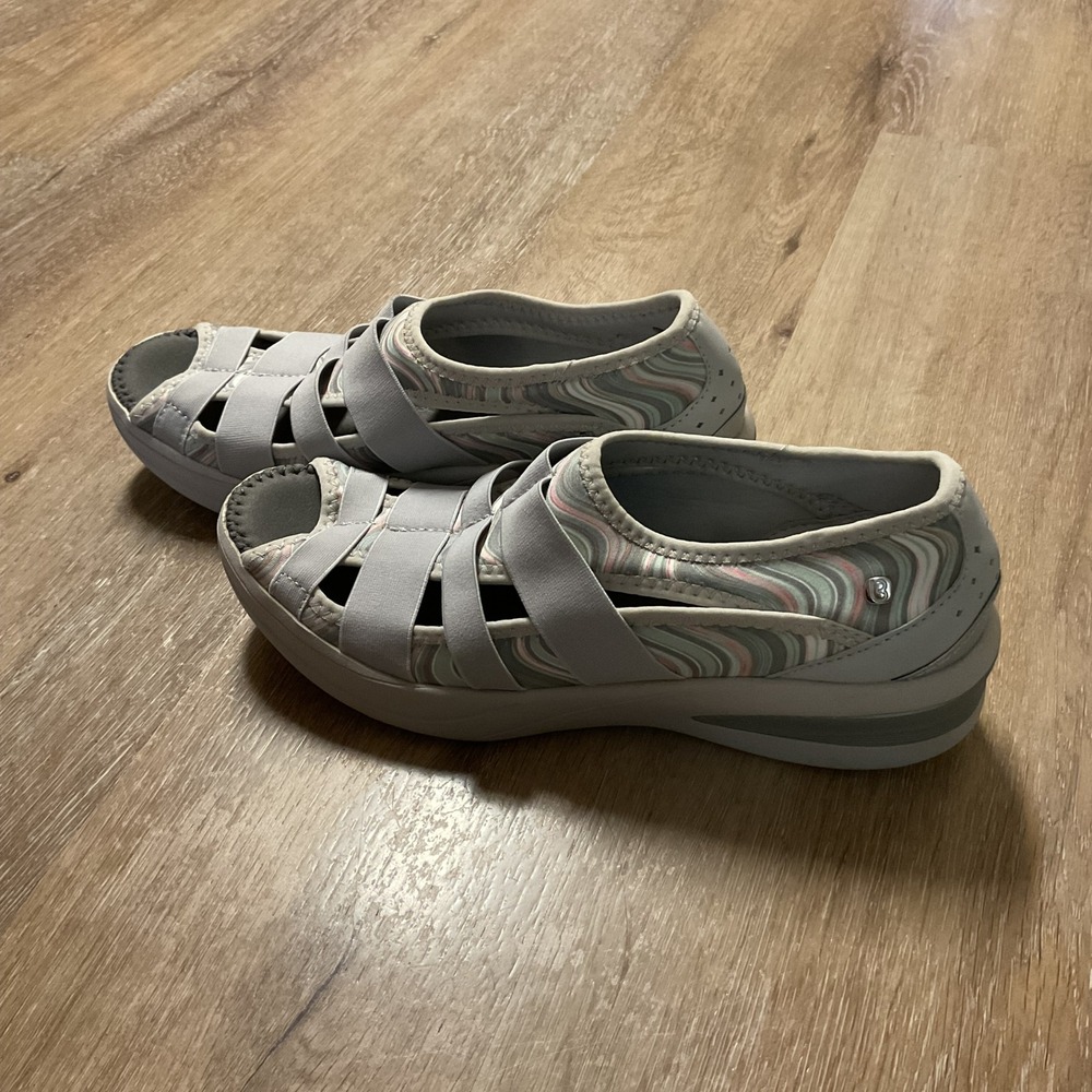 Bzees Womens Gray Swirl Strappy Peep Toe Wedge Sandals Size 9M